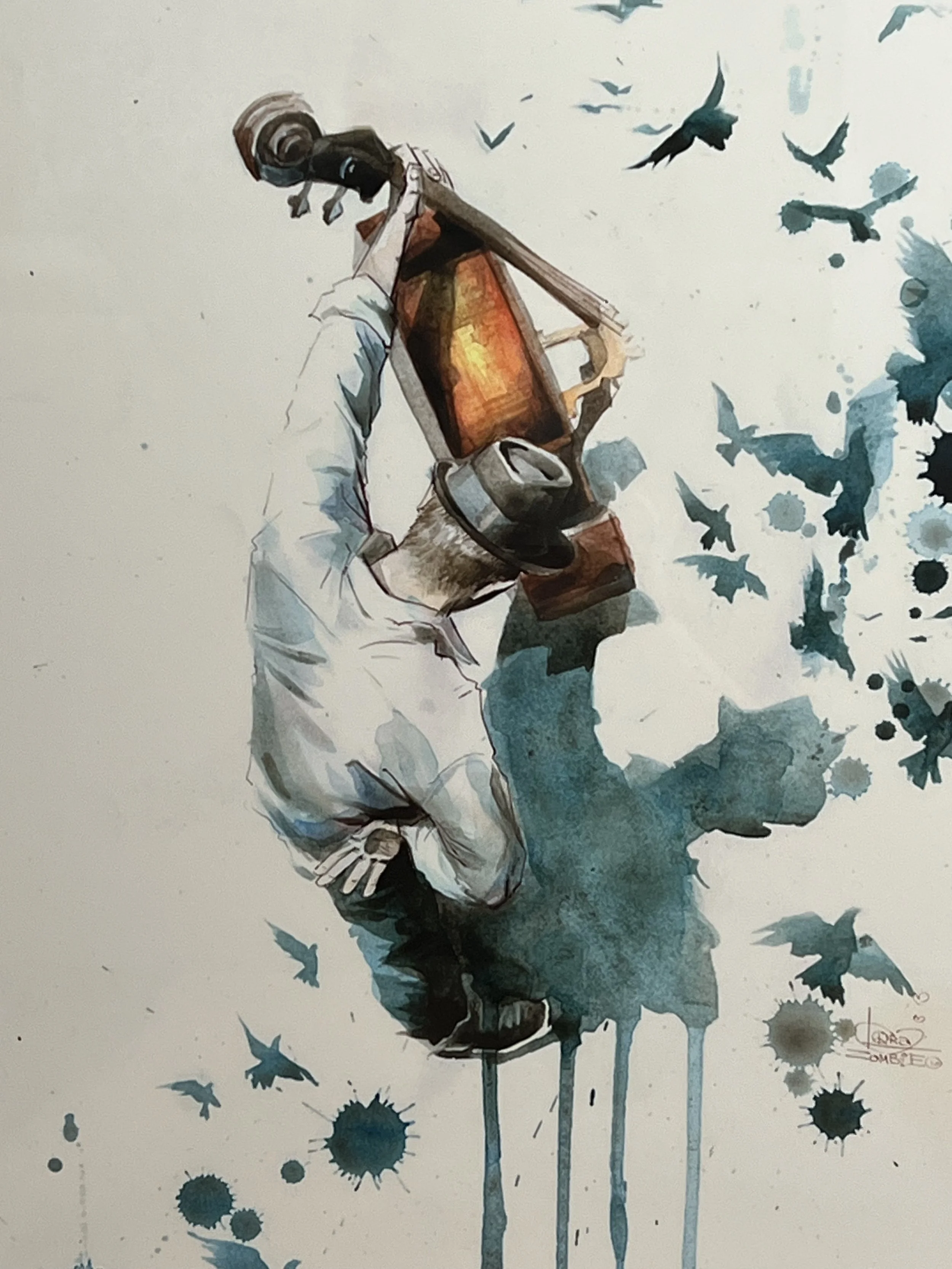 Rare First Edition Lora Zombie Artwork Man with Cello and Birds